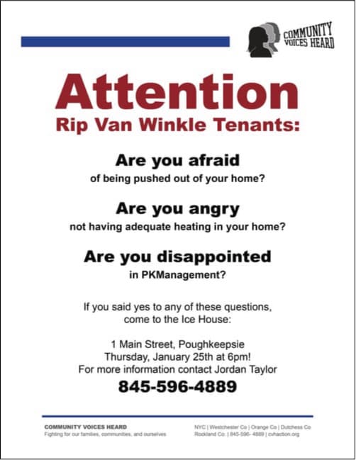 Un cartel hecho para 'Voces Comunitarias Escuchadas' con respecto a inquilinos en Poughkeepsie, NY que viven sin calefacción