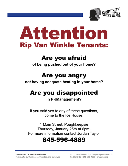 Un cartel hecho para 'Voces Comunitarias Escuchadas' con respecto a inquilinos en Poughkeepsie, NY que viven sin calefacción