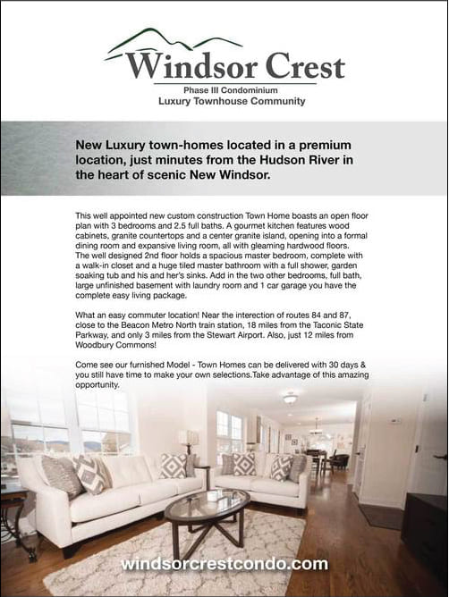 Para una carpeta folleto; un inserto para Windsor Crest Condominios of New Windsor, Nueva York
