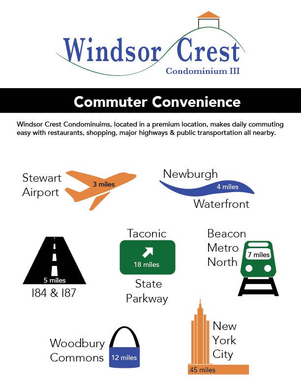 A flyer with a set of icons showing the 'Commuter Covenience' of living at Windsor Crest
